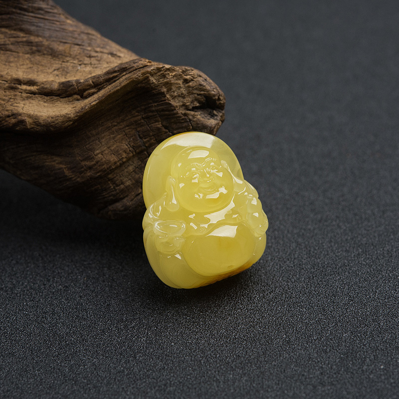 波罗的海带皮鸡油黄蜜蜡弥勒佛吊坠-红掌柜