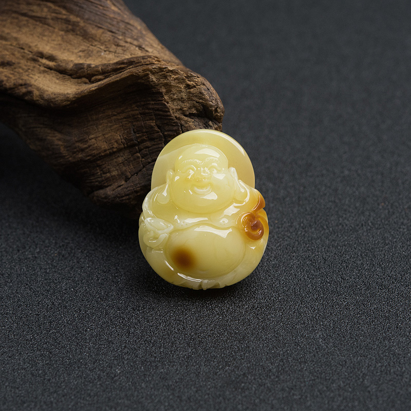 天然波罗的海俏色蜜蜡弥勒佛吊坠-红掌柜