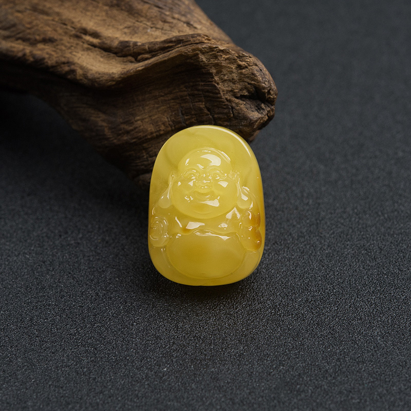 天然波罗的海鸡油黄蜜蜡弥勒佛吊坠-红掌柜