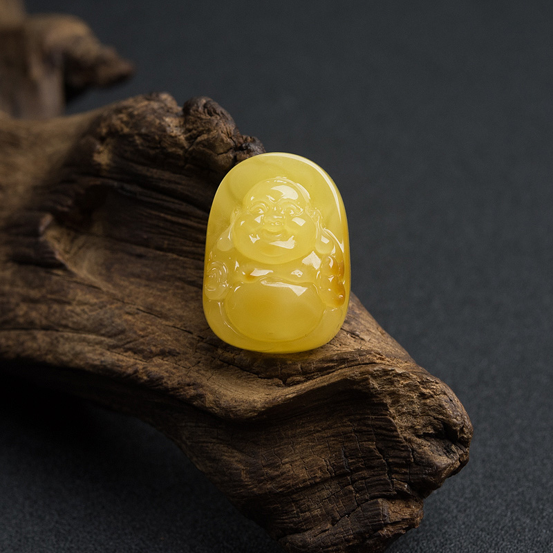 天然鸡油黄蜜蜡弥勒佛吊坠-红掌柜