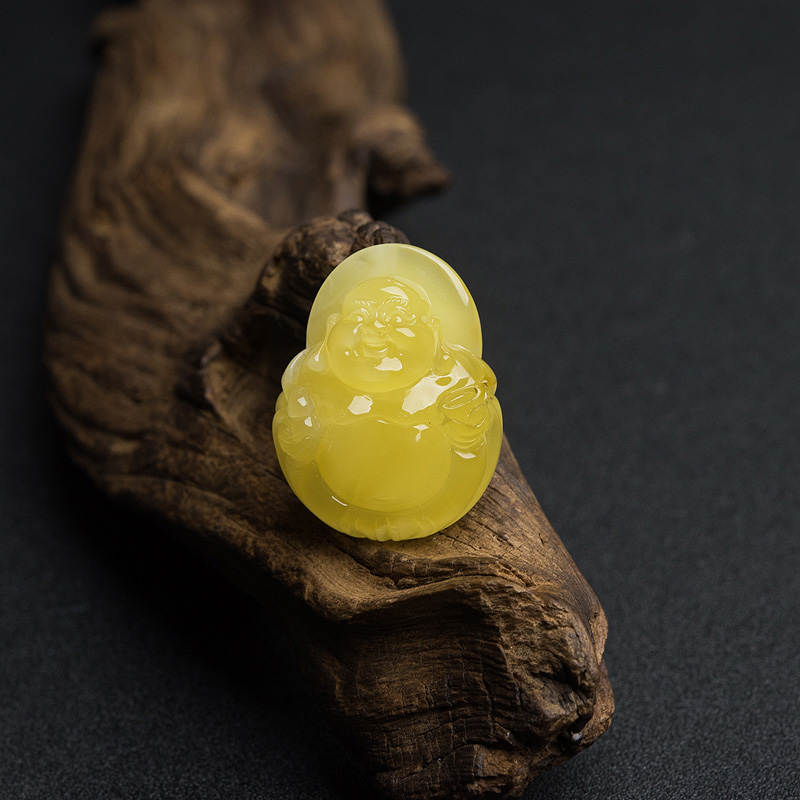 天然鸡油黄蜜蜡弥勒佛吊坠-红掌柜