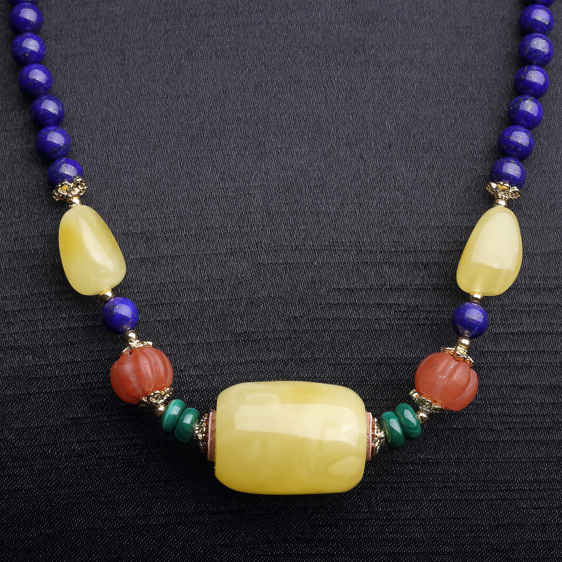 天然鸡油黄蜜蜡桶珠项链-红掌柜