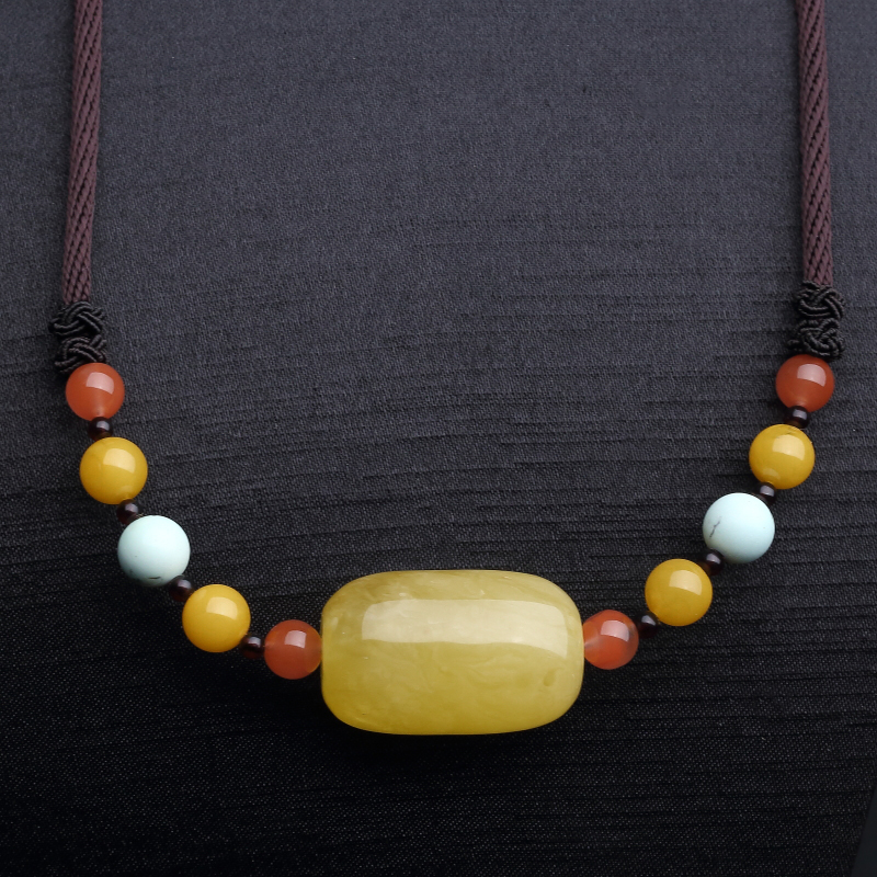 天然鸡油黄蜜蜡桶珠项链-红掌柜