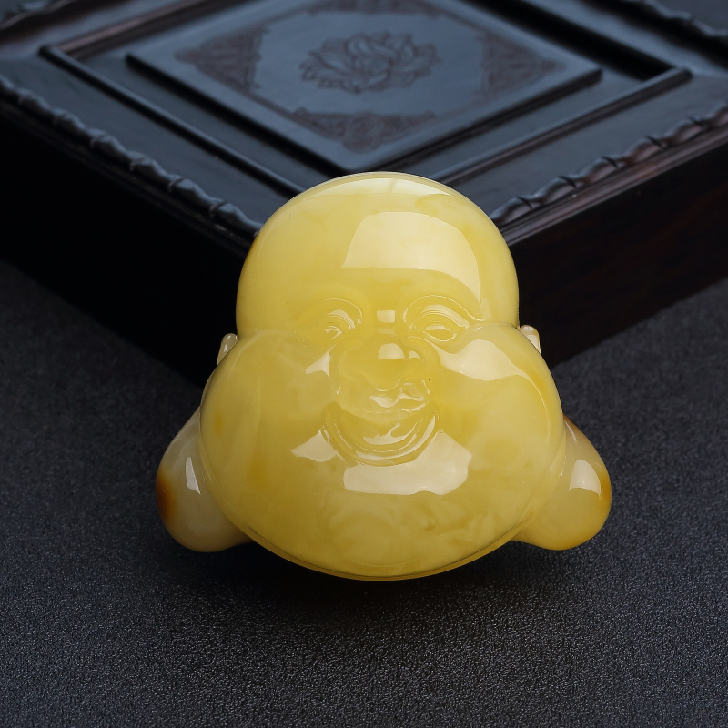 波罗的海天然带皮鸡油黄蜜蜡佛头吊坠-红掌柜