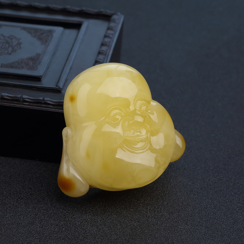 波罗的海带皮鸡油黄蜜蜡佛头吊坠-红掌柜