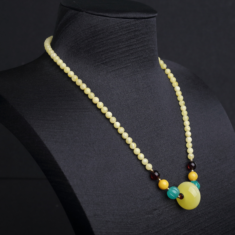 天然鸡油黄蜜蜡平安扣锁骨链-红掌柜