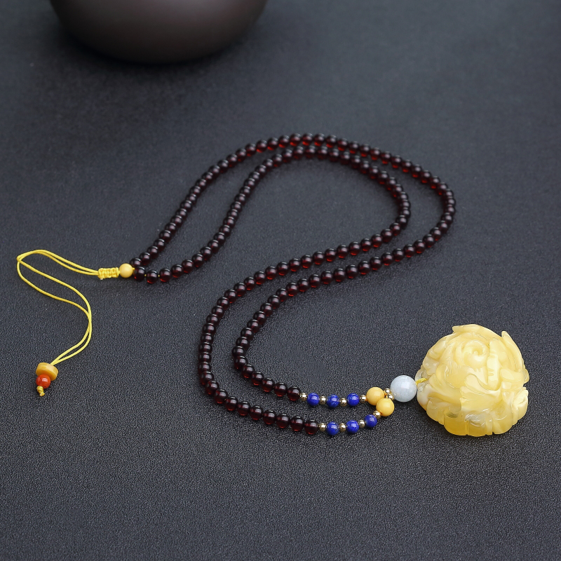 波罗的海鹅黄蜜蜡牡丹花项链-红掌柜