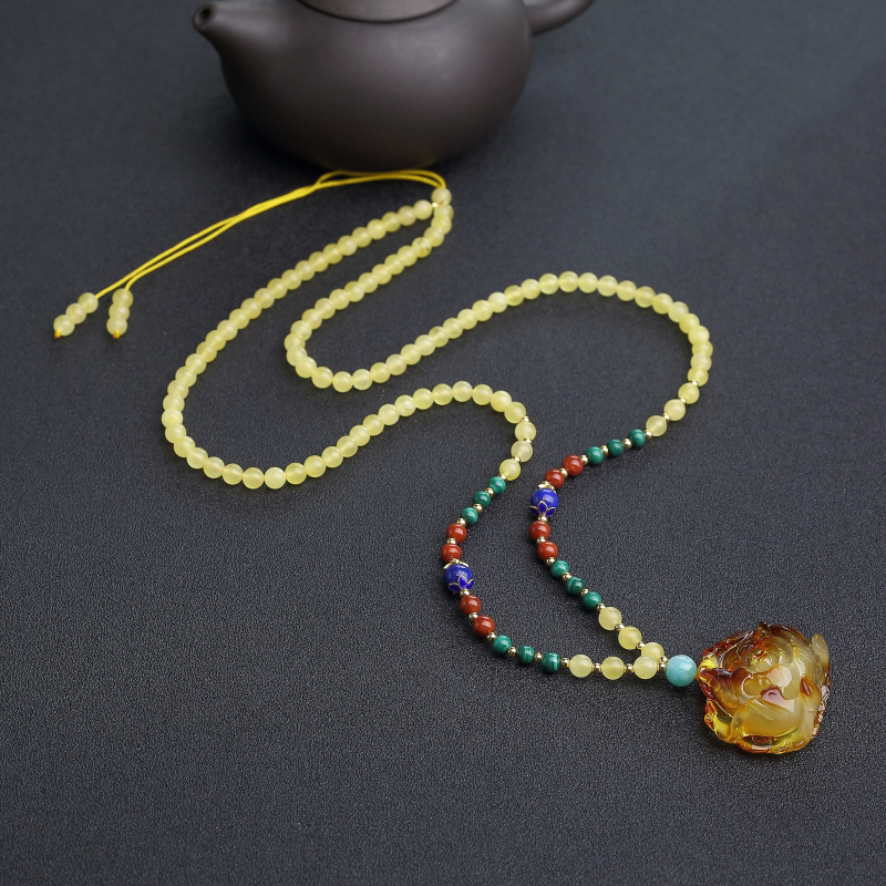 波罗的海俏色金绞蜜牡丹花项链-红掌柜