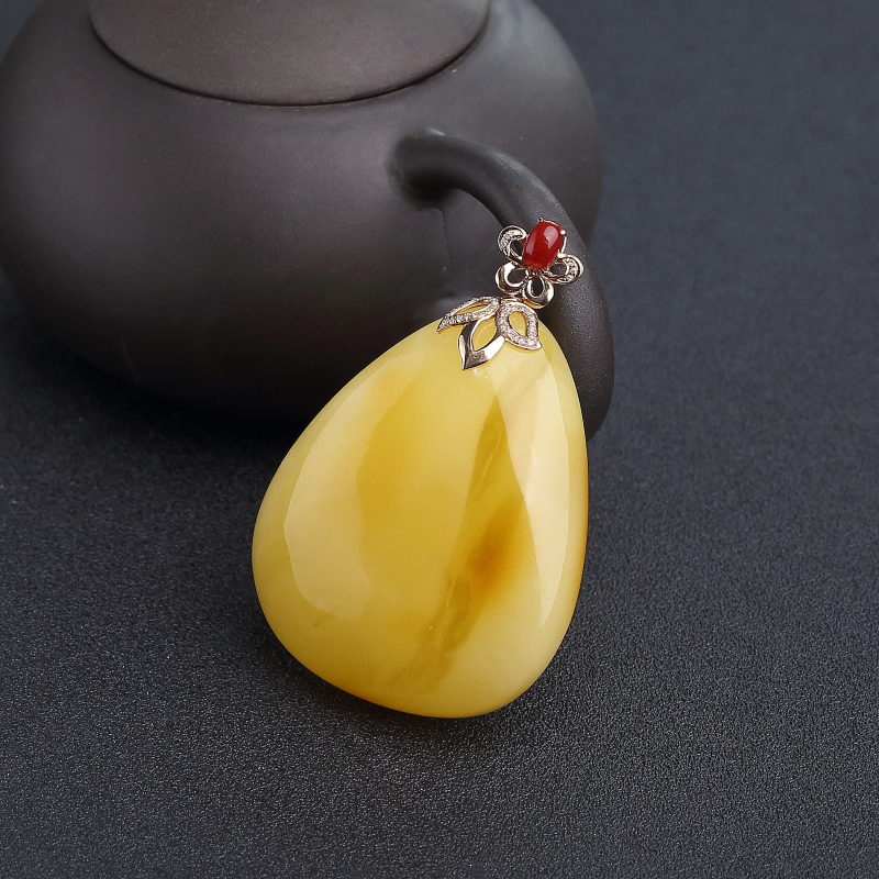 天然鸡油黄蜜蜡水滴吊坠-红掌柜