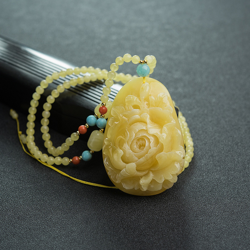 波罗的海天然鸡油黄蜜蜡牡丹花项链-红掌柜