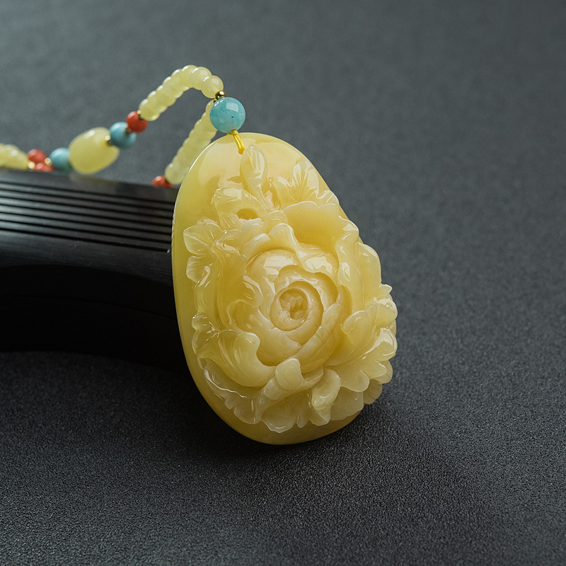 波罗的海鸡油黄蜜蜡牡丹花项链-红掌柜