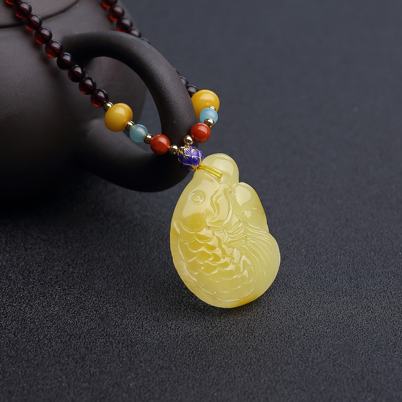 波罗的海鸡油黄蜜蜡鲤鱼项链-红掌柜
