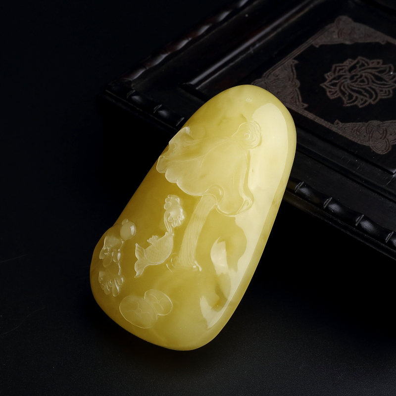 天然柠檬黄蜜蜡荷塘月色吊坠-红掌柜