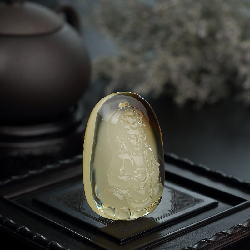 天然金包蜜柠檬黄蜜蜡观音吊坠-红掌柜