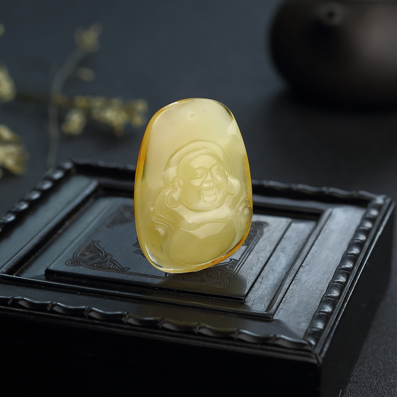 天然金包蜜蜜蜡弥勒佛吊坠-红掌柜