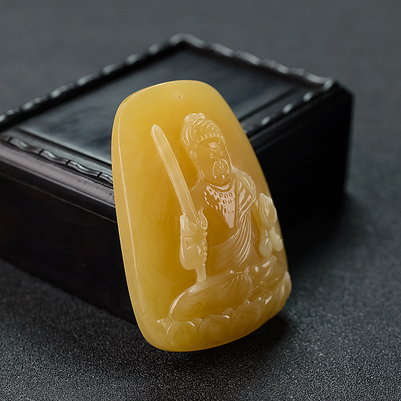 褐黄蜜蜡不动明王吊坠 - 红掌柜