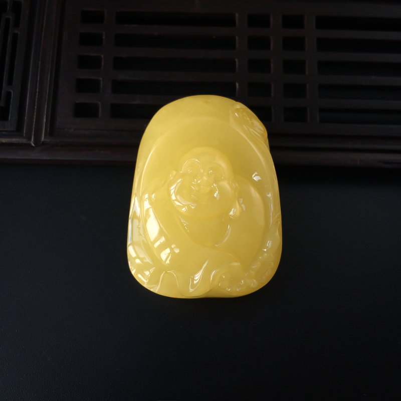 柠檬黄蜜蜡弥勒佛吊坠-红掌柜