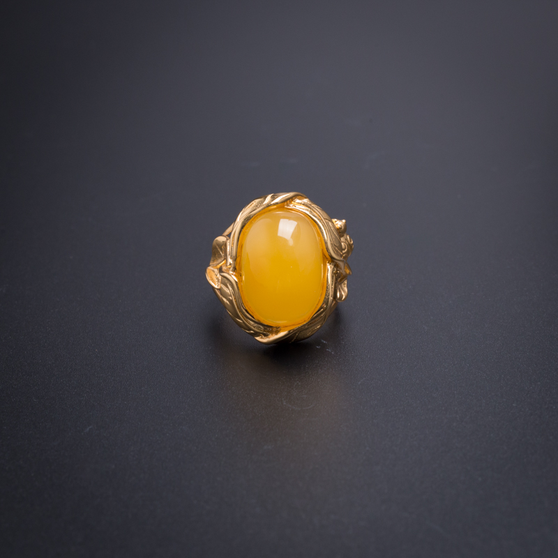 银镀金满蜜鸡油黄蜜蜡戒指 - 红掌柜