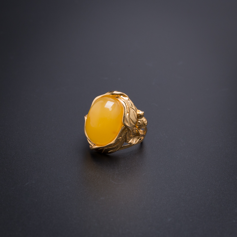 天然银镀金满蜜鸡油黄蜜蜡戒指 - 红掌柜