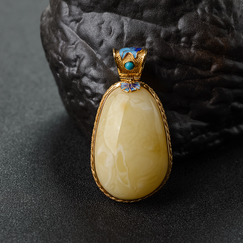 波罗的海天然银镶白花蜜蜡吊坠 - 红掌柜