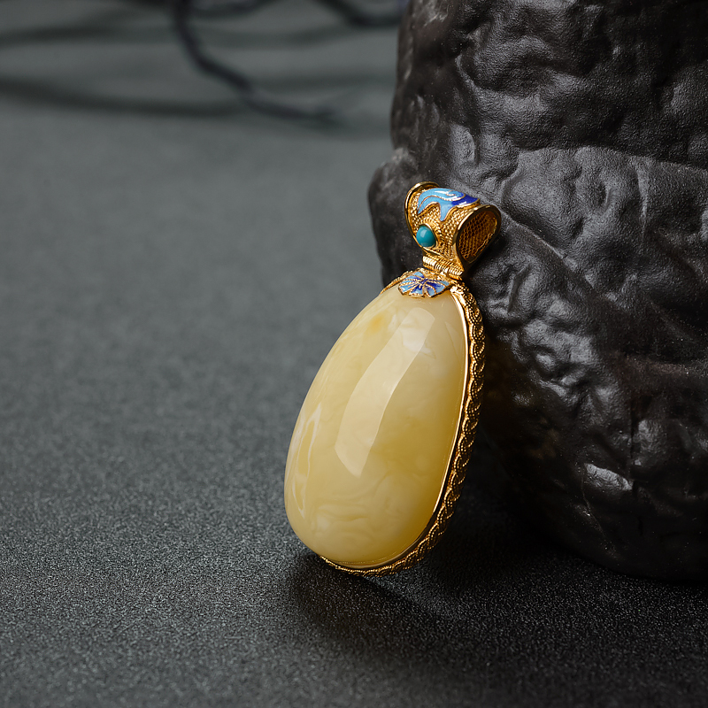 天然银镶白花蜜蜡吊坠 - 红掌柜