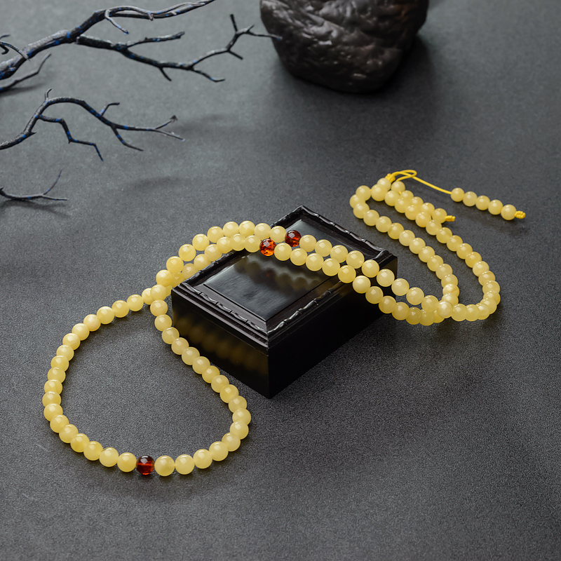 8mm波罗的海天然鸡油黄蜜蜡108佛珠-红掌柜