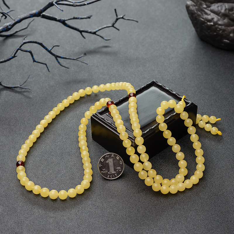 天然鸡油黄蜜蜡108佛珠-红掌柜