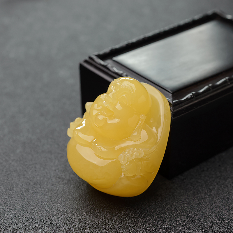 天然鸡油黄蜜蜡弥勒佛吊坠-红掌柜