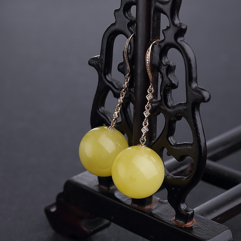 18K金镶柠檬黄蜜蜡耳坠-红掌柜