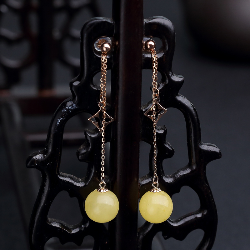 18K金镶鸡油黄蜜蜡圆珠耳坠-红掌柜