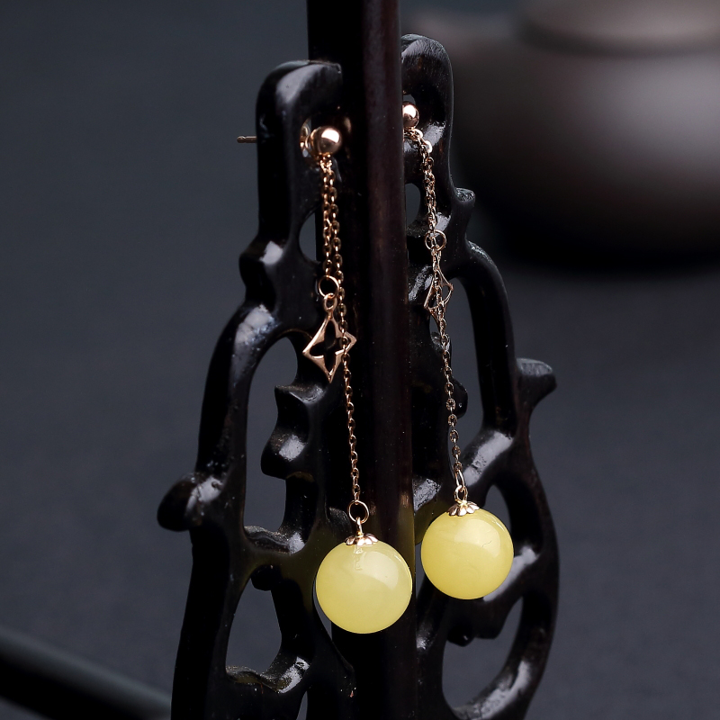 蜜蜡圆珠耳坠-红掌柜