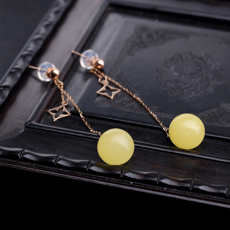 天然蜜蜡圆珠耳坠-红掌柜