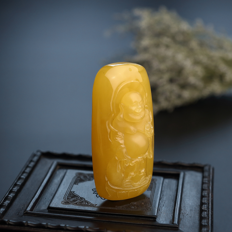 天然鸡油黄蜜蜡弥勒佛吊坠-红掌柜