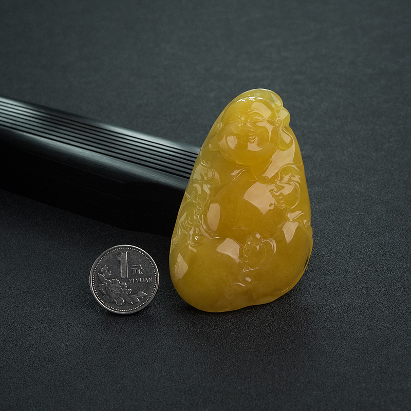 天然鸡油黄蜜蜡弥勒佛吊坠-红掌柜