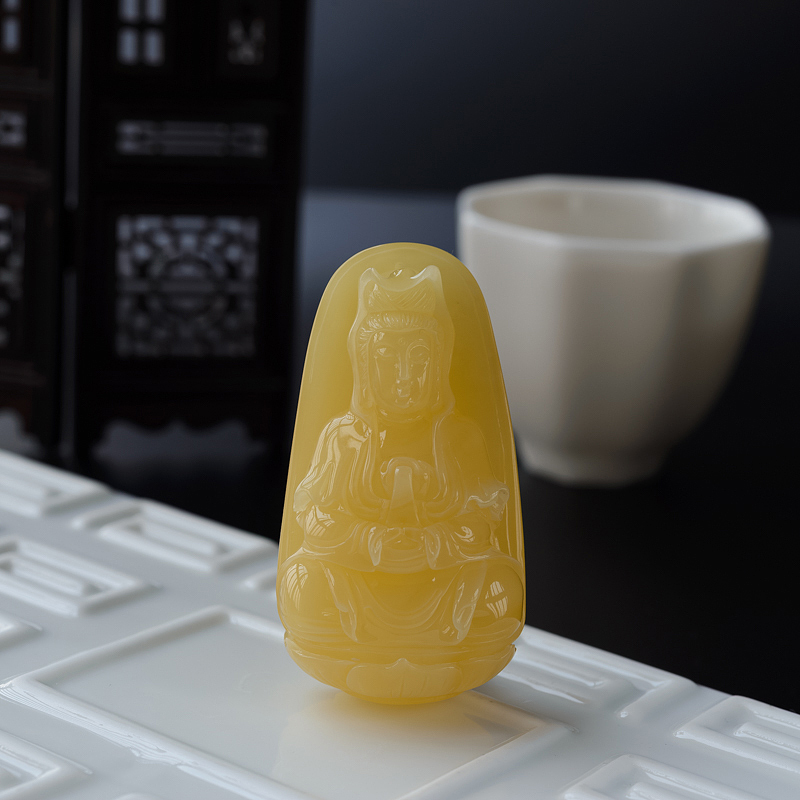 满蜜柠檬黄蜜蜡观音吊坠-红掌柜