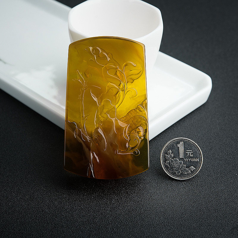缅甸天然棕珀花吊坠-红掌柜