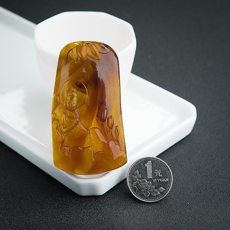 缅甸天然棕珀观音吊坠-红掌柜