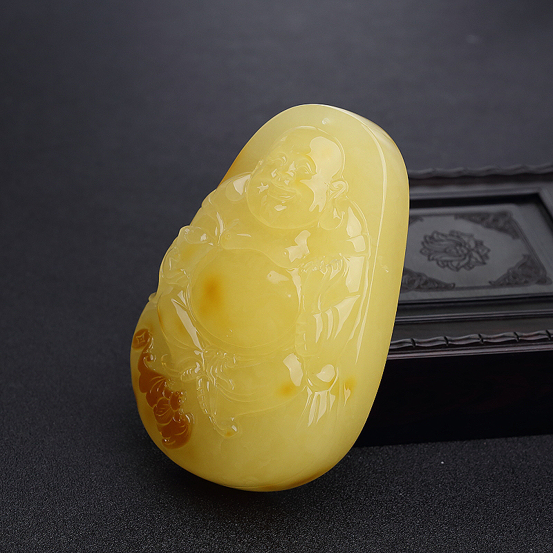 天然柠檬黄蜜蜡弥勒佛吊坠-红掌柜