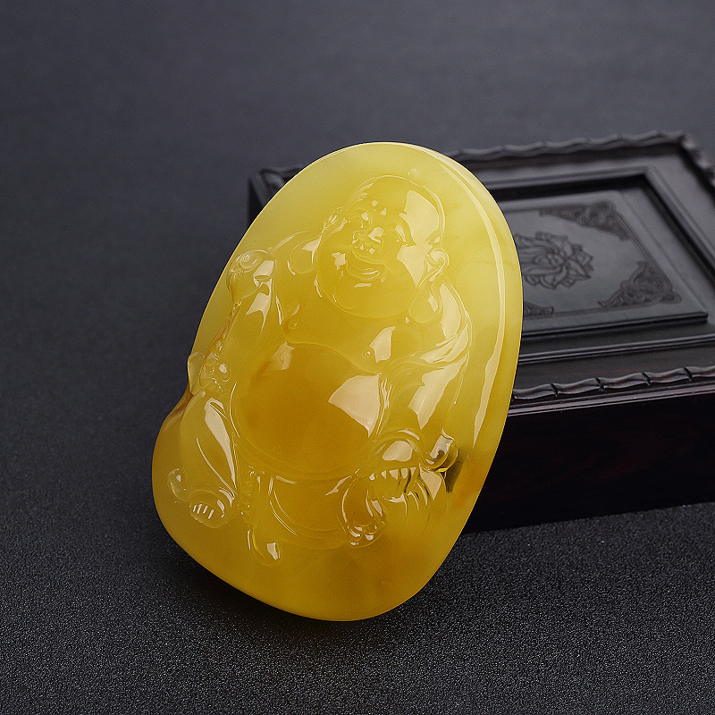 天然鸡油黄蜜蜡弥勒佛吊坠-红掌柜