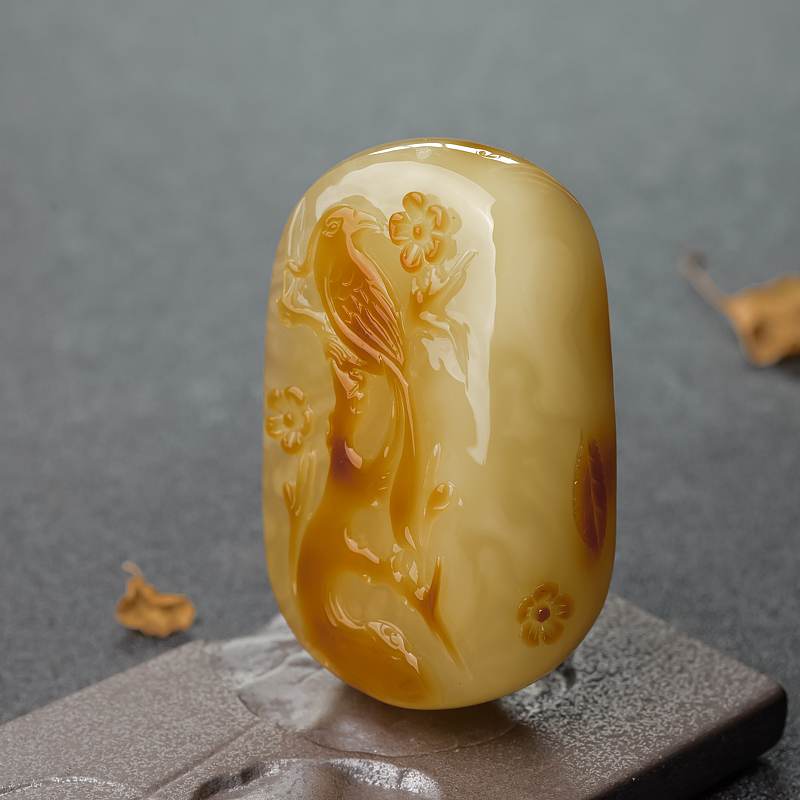 波罗的海带皮俏色蜜蜡喜上眉梢吊坠-红掌柜