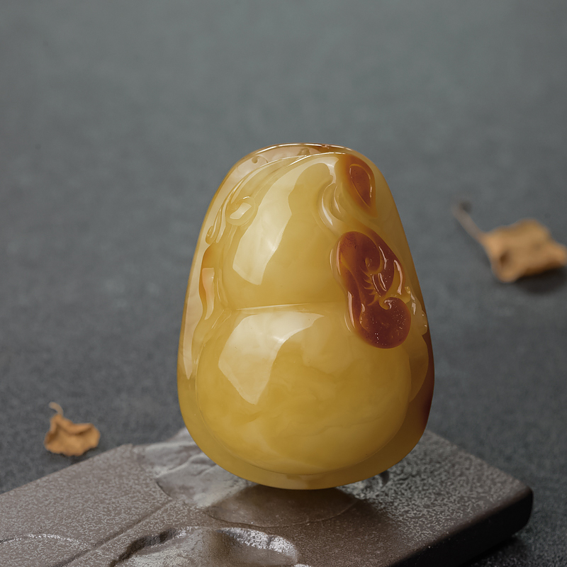 天然波罗的海带皮俏色蜜蜡葫芦吊坠-红掌柜