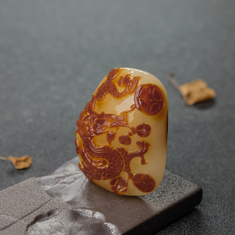 波罗的海带皮俏色蜜蜡龙吊坠-红掌柜