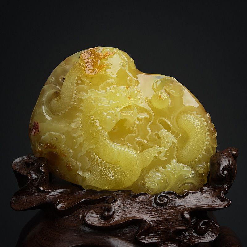 天然带皮鸡油黄蜜蜡龙摆件-红掌柜
