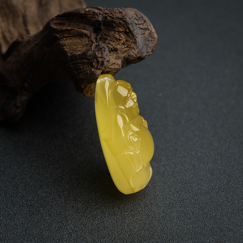 天然鸡油黄蜜蜡弥勒佛吊坠-红掌柜