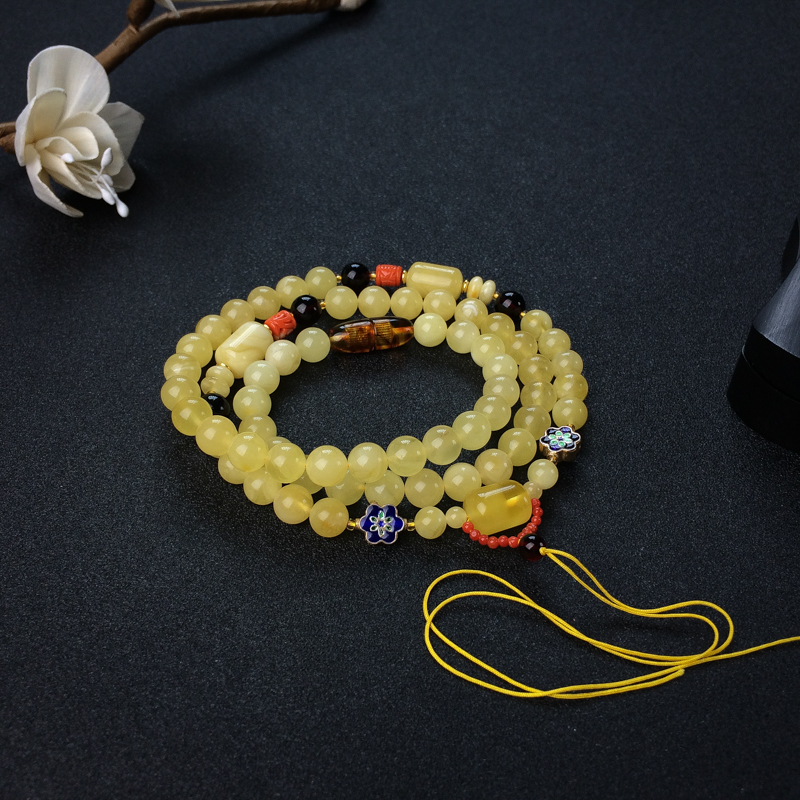 天然7.5mm鸡油黄蜜蜡圆珠配链 - 红掌柜