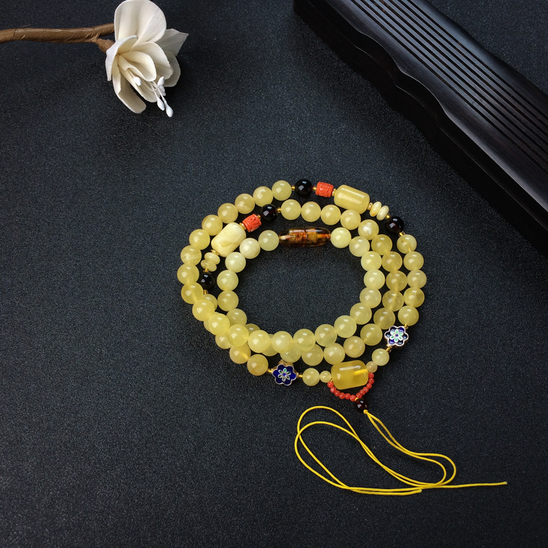 7.5mm鸡油黄蜜蜡圆珠配链 - 红掌柜