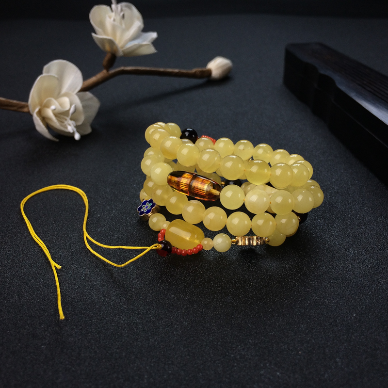 鸡油黄蜜蜡圆珠配链 - 红掌柜