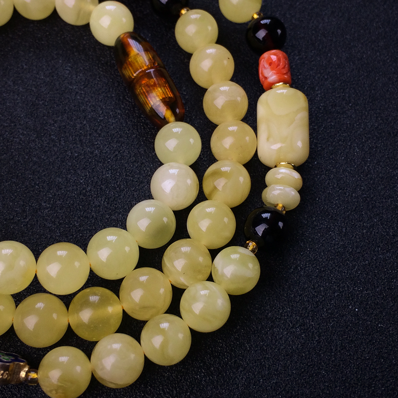 波罗的海鸡油黄蜜蜡圆珠配链 - 红掌柜