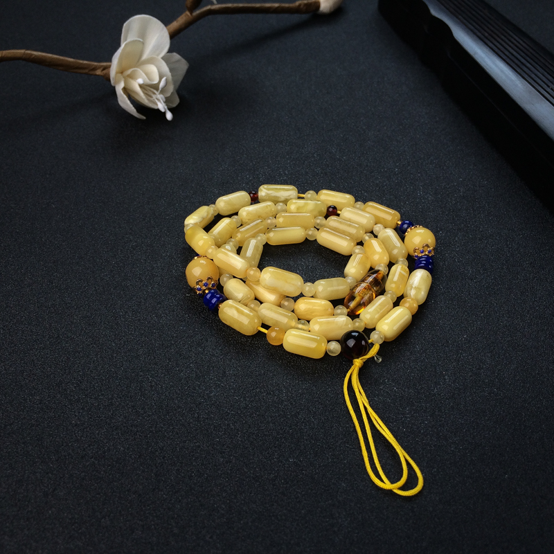 天然鸡油黄蜜蜡桶珠配链 - 红掌柜