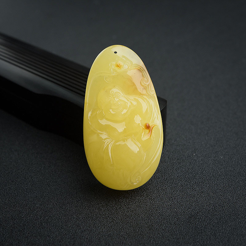 鸡油黄蜜蜡弥勒佛吊坠-红掌柜